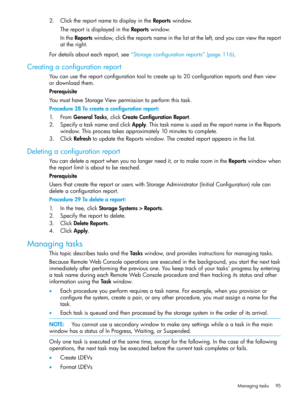 Creating a configuration report, Deleting a configuration report, Managing tasks | HP XP7 Storage User Manual | Page 95 / 258