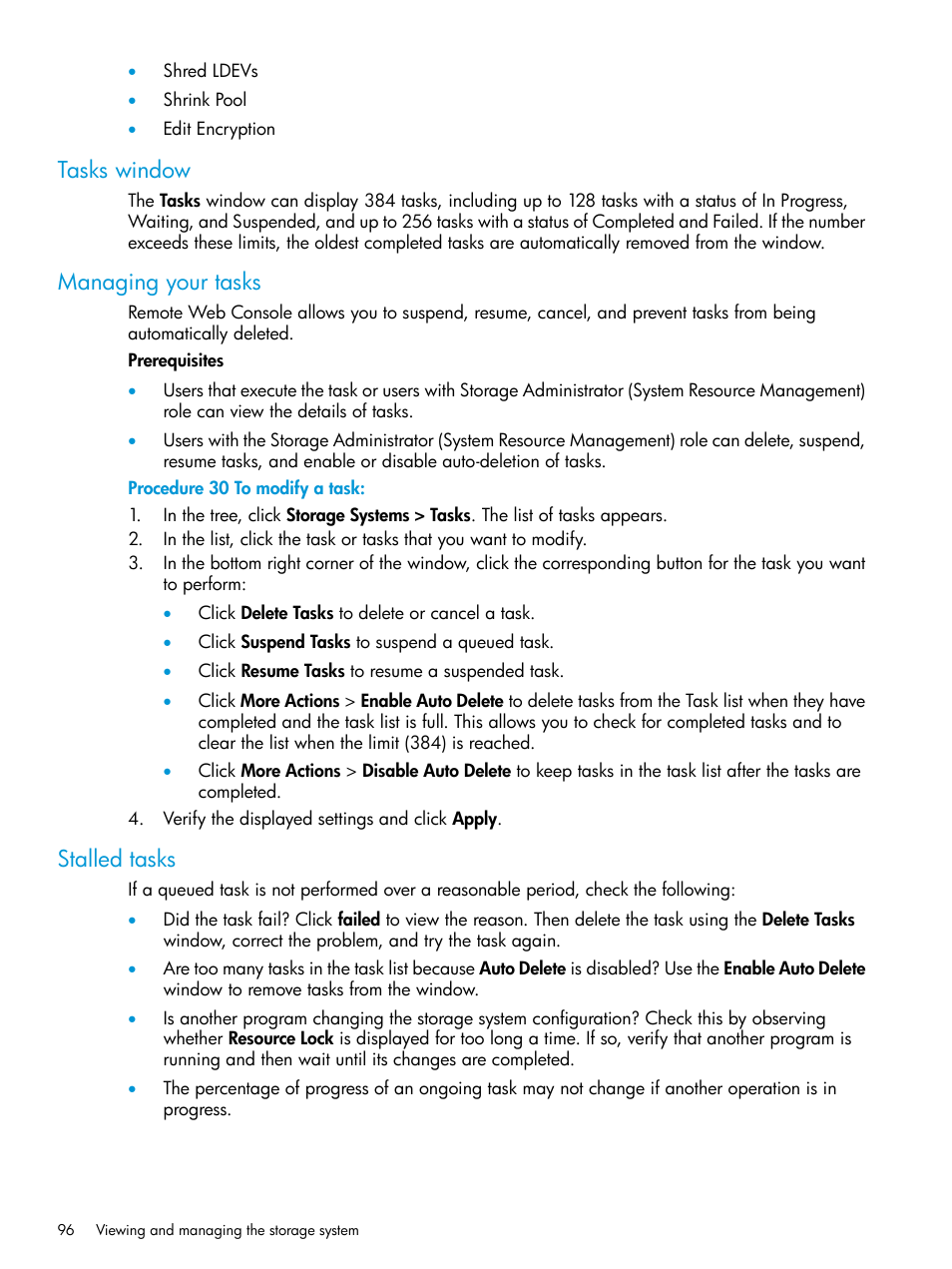 Tasks window, Managing your tasks, Stalled tasks | Tasks window managing your tasks stalled tasks | HP XP7 Storage User Manual | Page 96 / 258