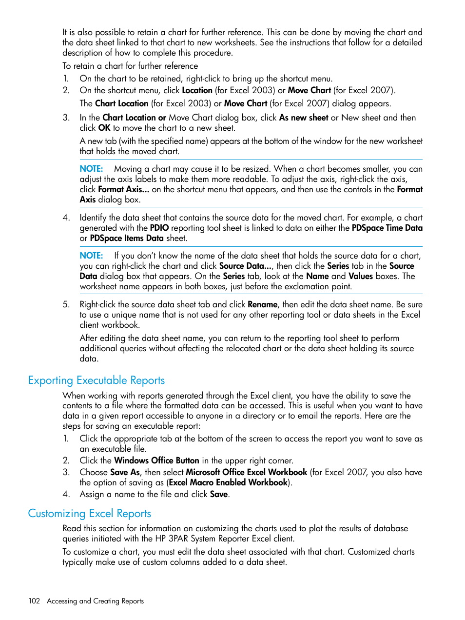 Exporting executable reports, Customizing excel reports | HP 3PAR System Reporter Software User Manual | Page 102 / 237