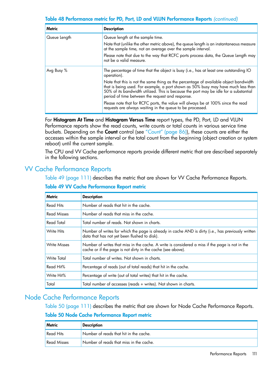 Vv cache performance reports, Node cache performance reports | HP 3PAR System Reporter Software User Manual | Page 111 / 237