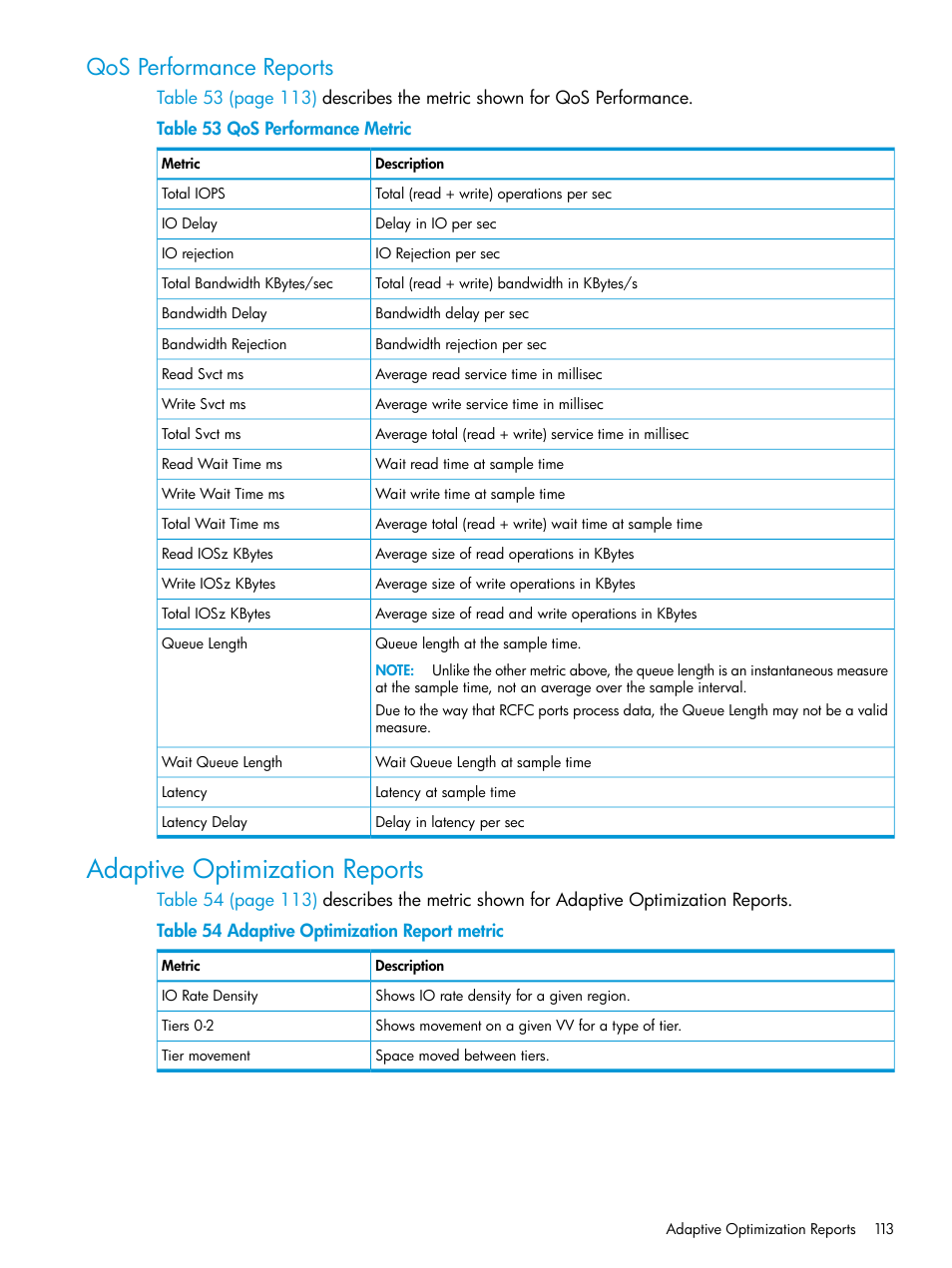 Qos performance reports, Adaptive optimization reports, Adaptive optimization | HP 3PAR System Reporter Software User Manual | Page 113 / 237