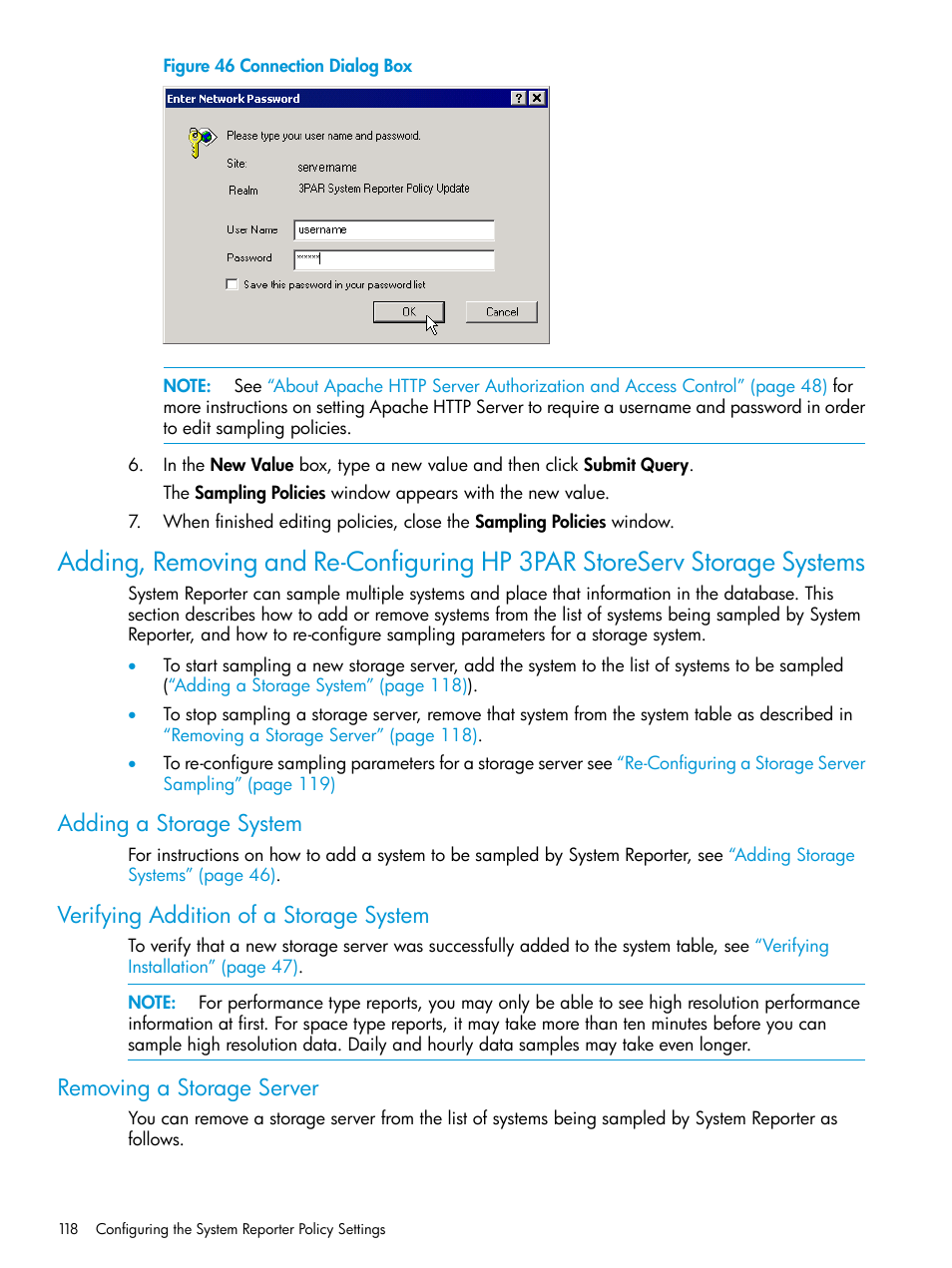 Adding a storage system, Verifying addition of a storage system, Removing a storage server | Figure 46 | HP 3PAR System Reporter Software User Manual | Page 118 / 237