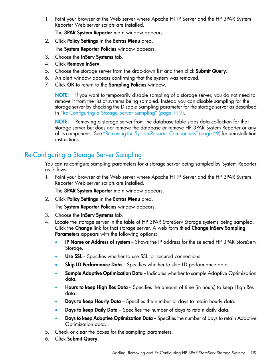 Re-configuring a storage server sampling, Re-configuring a storage, Re-configuring a storage server | HP 3PAR System Reporter Software User Manual | Page 119 / 237