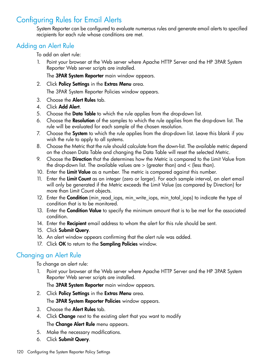 Configuring rules for email alerts, Adding an alert rule, Changing an alert rule | Adding an alert rule changing an alert rule, Configuring rules for email | HP 3PAR System Reporter Software User Manual | Page 120 / 237