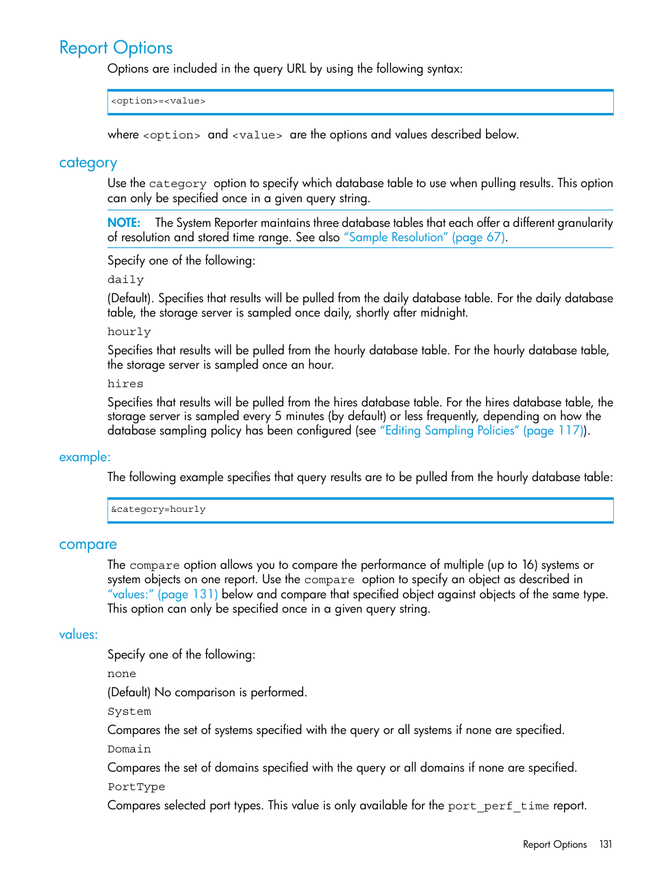 Report options, Category, Example | Compare, Values | HP 3PAR System Reporter Software User Manual | Page 131 / 237