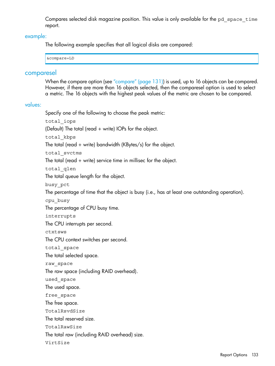 Example, Comparesel, Values | HP 3PAR System Reporter Software User Manual | Page 133 / 237