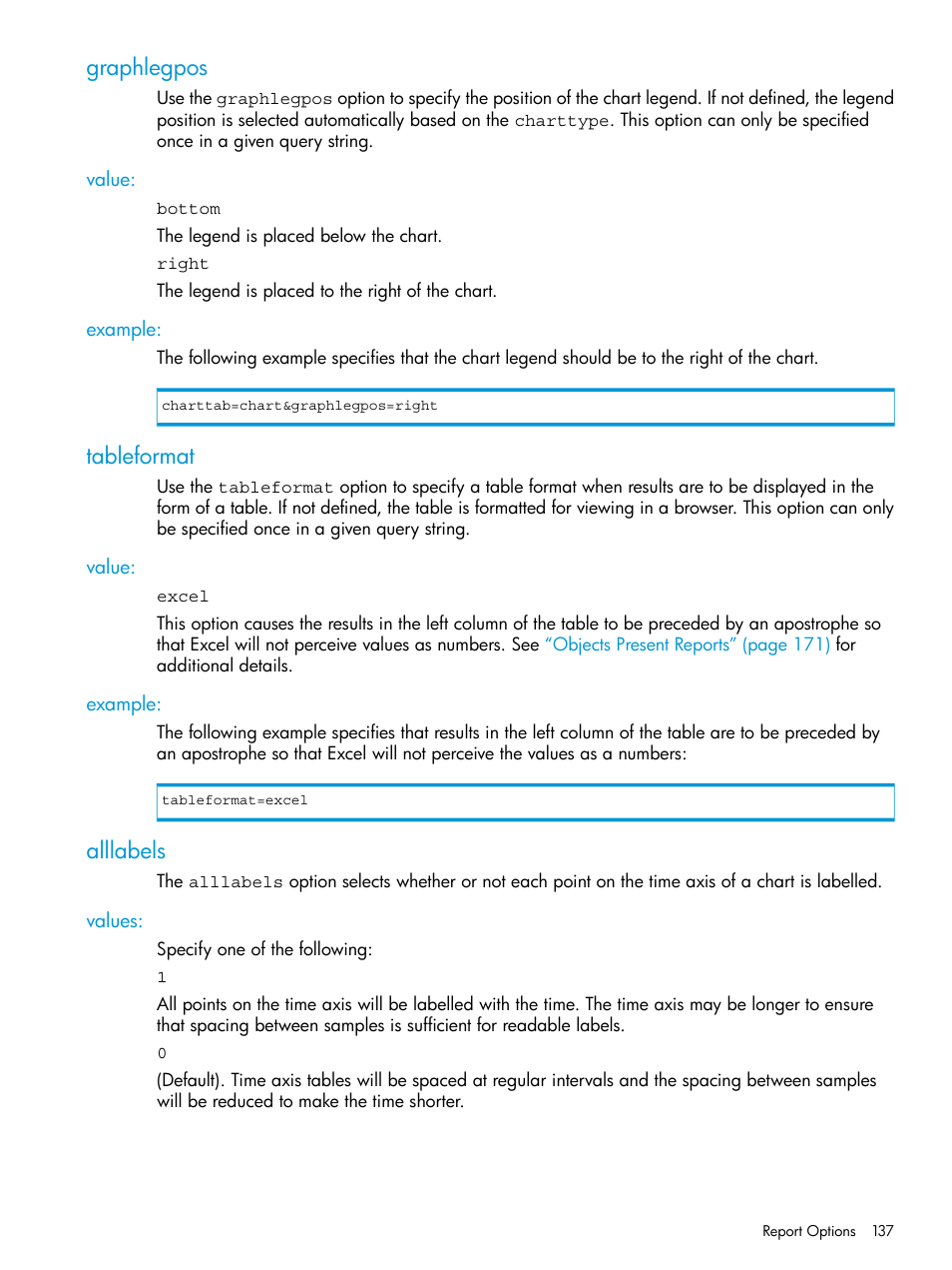 Graphlegpos, Value, Example | Tableformat, Alllabels, Values, Value: example | HP 3PAR System Reporter Software User Manual | Page 137 / 237