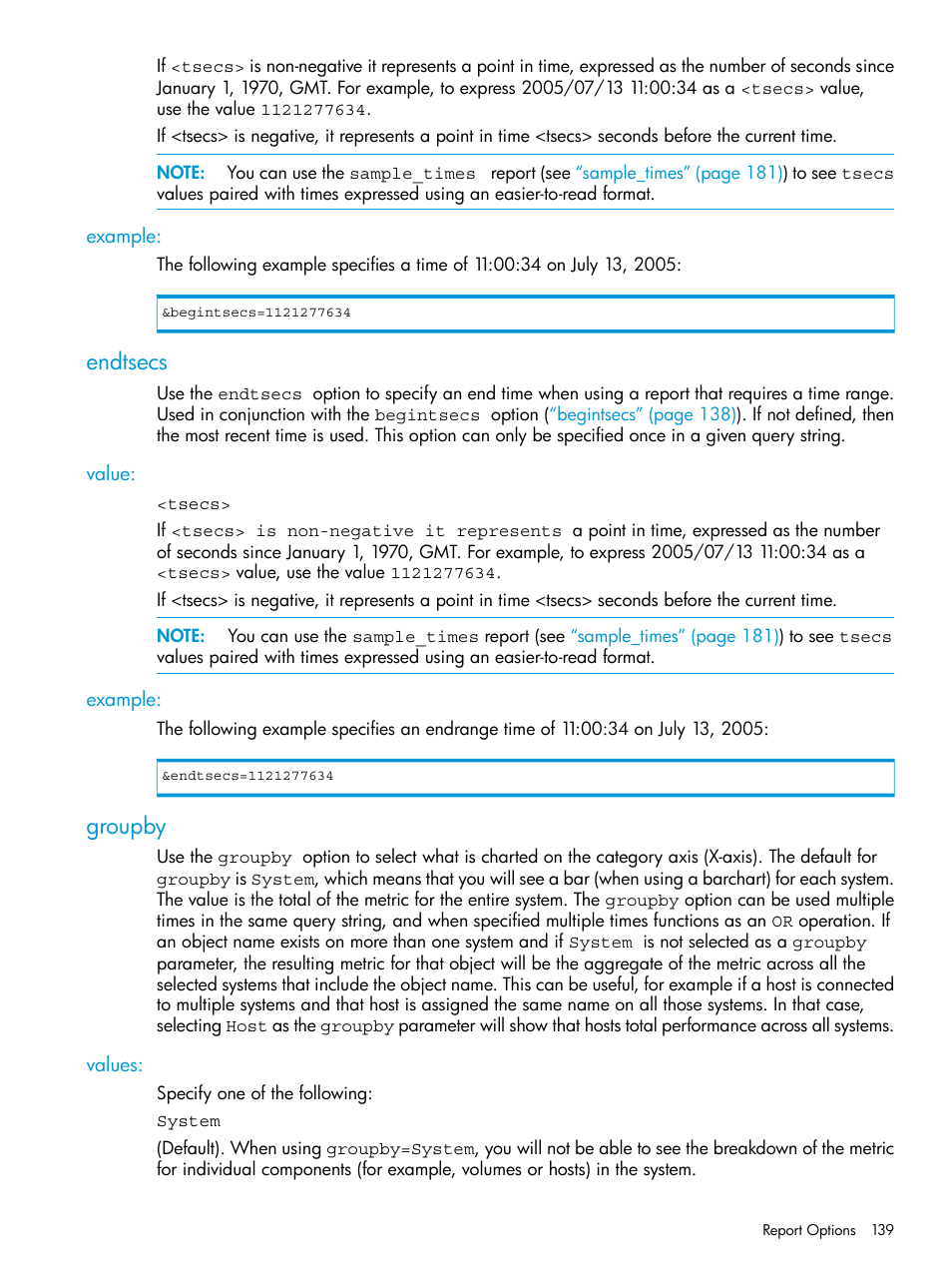 Example, Endtsecs, Value | Groupby, Values, Value: example | HP 3PAR System Reporter Software User Manual | Page 139 / 237