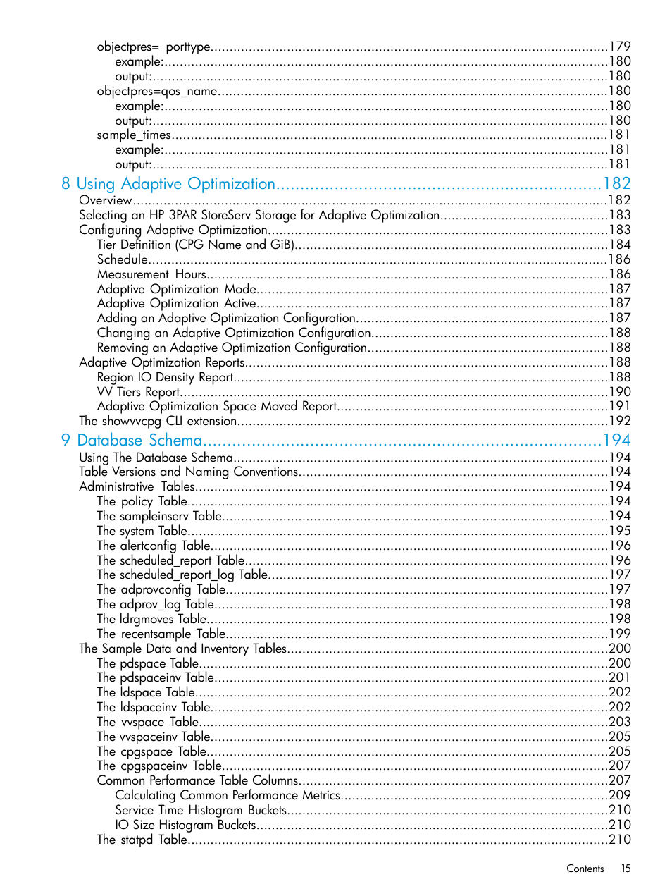 8 using adaptive optimization, 9 database schema | HP 3PAR System Reporter Software User Manual | Page 15 / 237