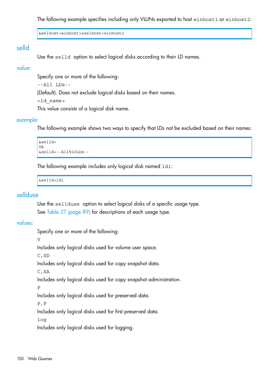 Selld, Value, Example | Sellduse, Values, Value: example | HP 3PAR System Reporter Software User Manual | Page 150 / 237