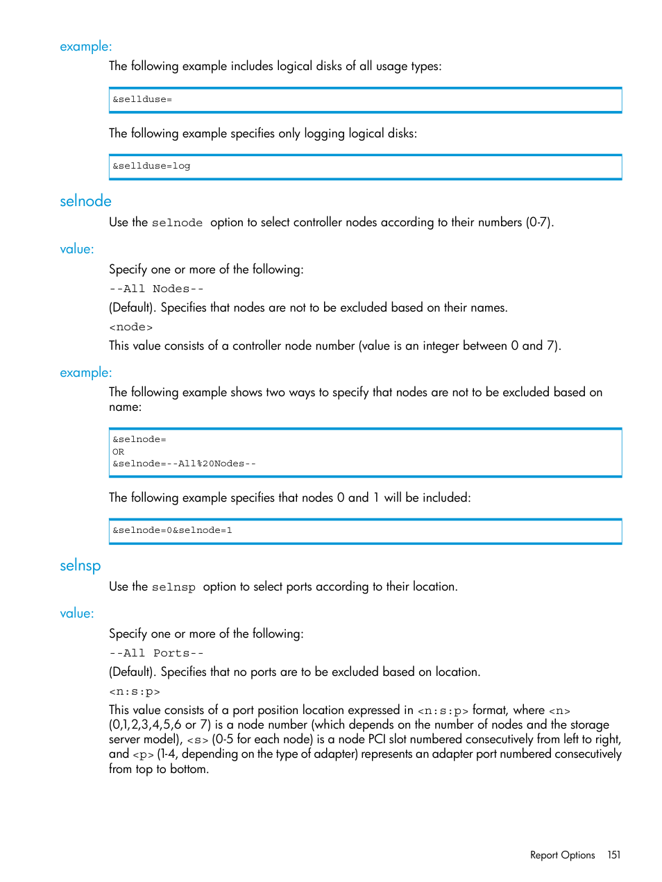 Example, Selnode, Value | Selnsp, Value: example | HP 3PAR System Reporter Software User Manual | Page 151 / 237