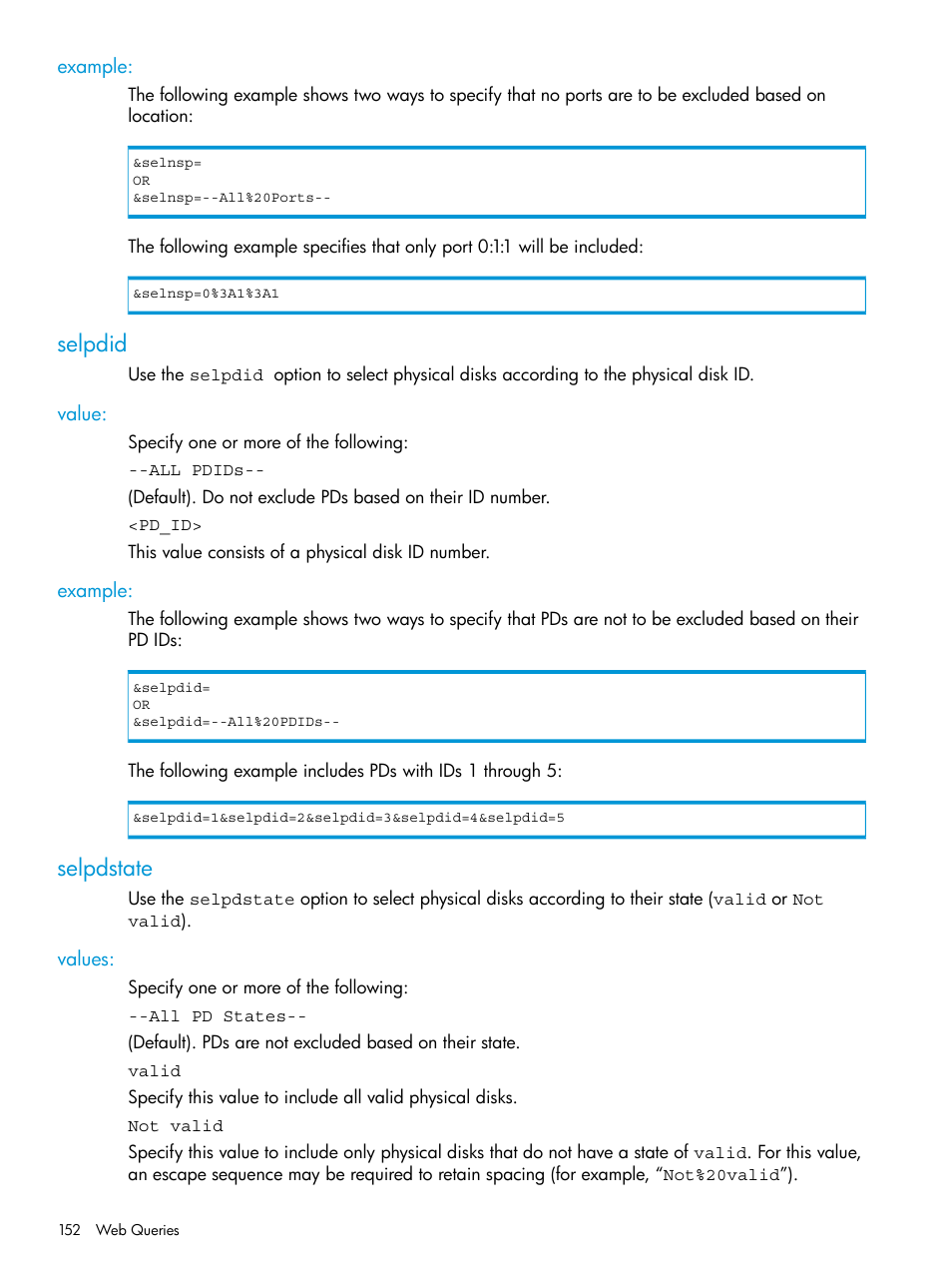 Example, Selpdid, Value | Selpdstate, Values, Value: example | HP 3PAR System Reporter Software User Manual | Page 152 / 237