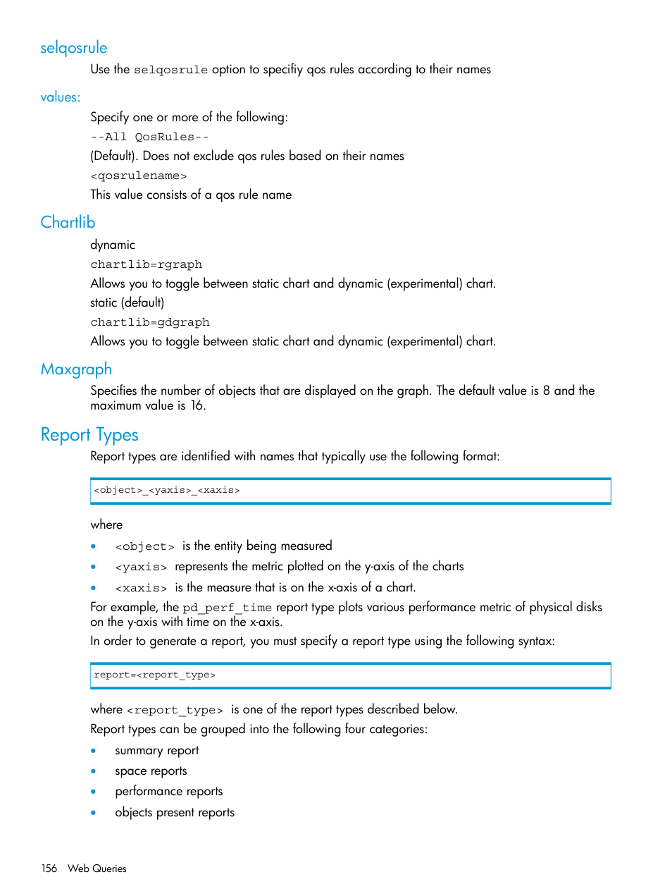 Selqosrule, Values, Chartlib | Maxgraph, Report types, Chartlib maxgraph | HP 3PAR System Reporter Software User Manual | Page 156 / 237