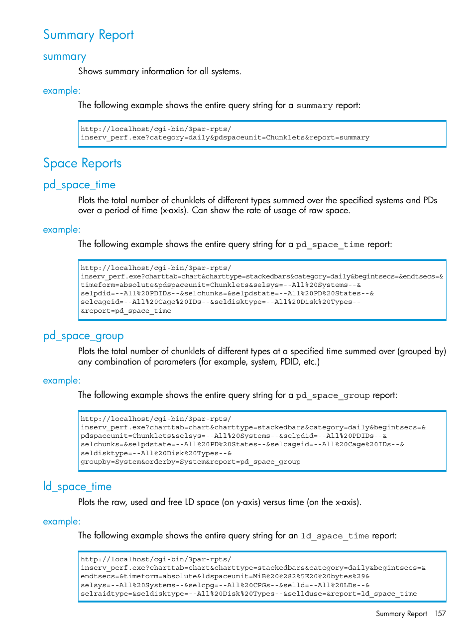 Summary report, Summary, Example | Space reports, Pd_space_time, Pd_space_group, Ld_space_time | HP 3PAR System Reporter Software User Manual | Page 157 / 237