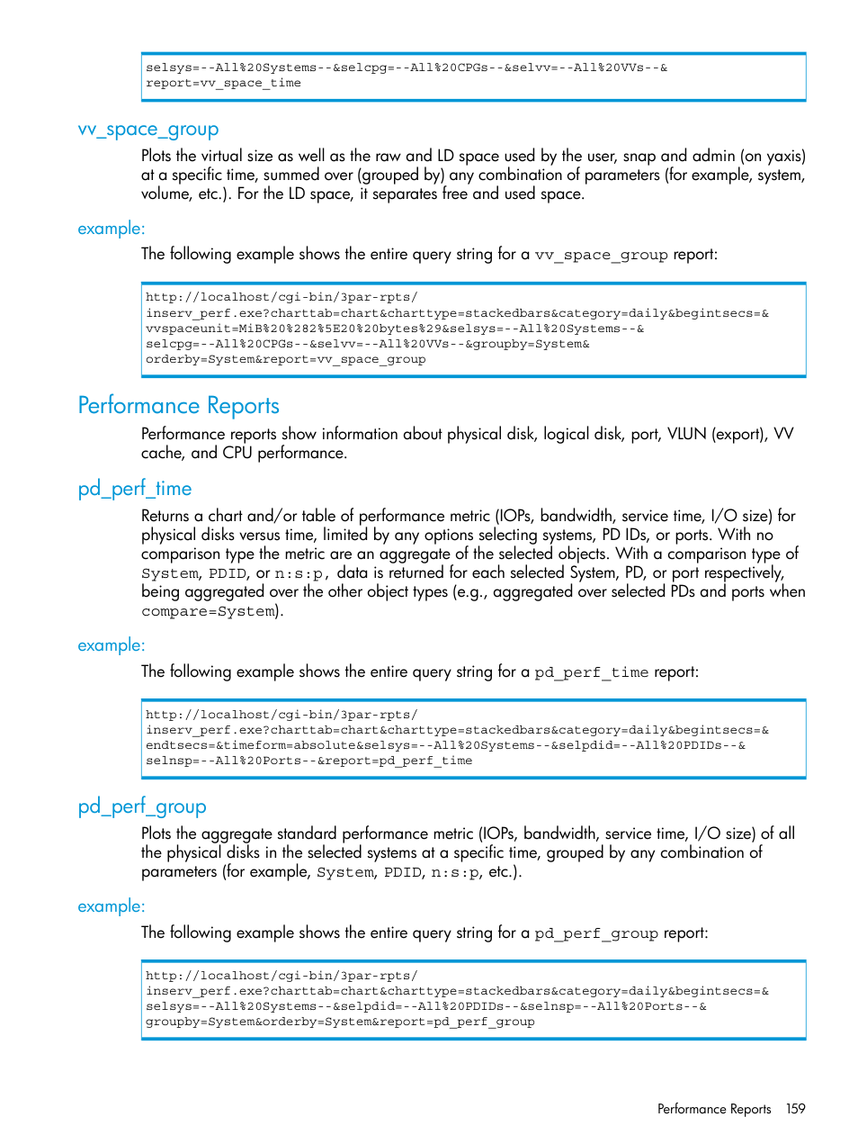 Vv_space_group, Example, Performance reports | Pd_perf_time, Pd_perf_group | HP 3PAR System Reporter Software User Manual | Page 159 / 237