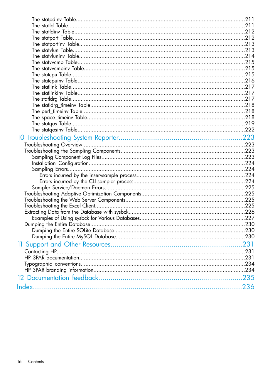 10 troubleshooting system reporter, 11 support and other resources, 12 documentation feedback index | HP 3PAR System Reporter Software User Manual | Page 16 / 237