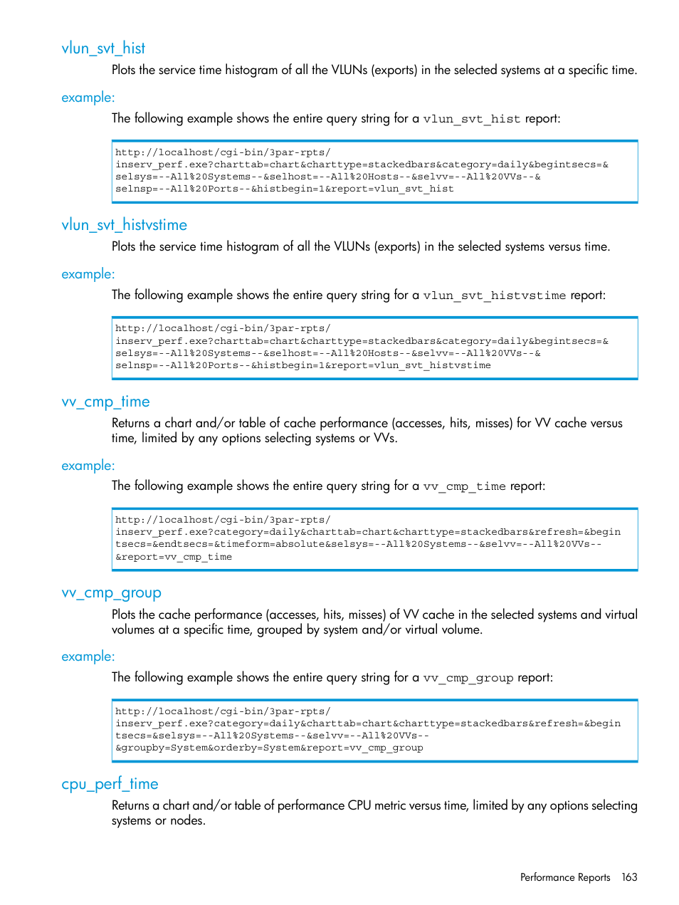 Vlun_svt_hist, Example, Vlun_svt_histvstime | Vv_cmp_time, Vv_cmp_group, Cpu_perf_time | HP 3PAR System Reporter Software User Manual | Page 163 / 237