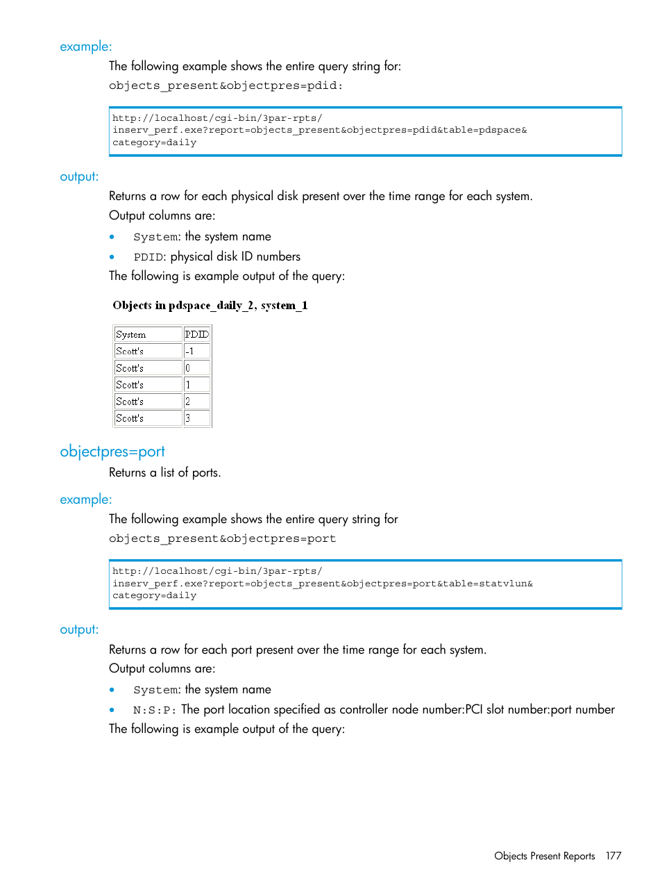 Example, Output, Objectpres=port | Example: output | HP 3PAR System Reporter Software User Manual | Page 177 / 237