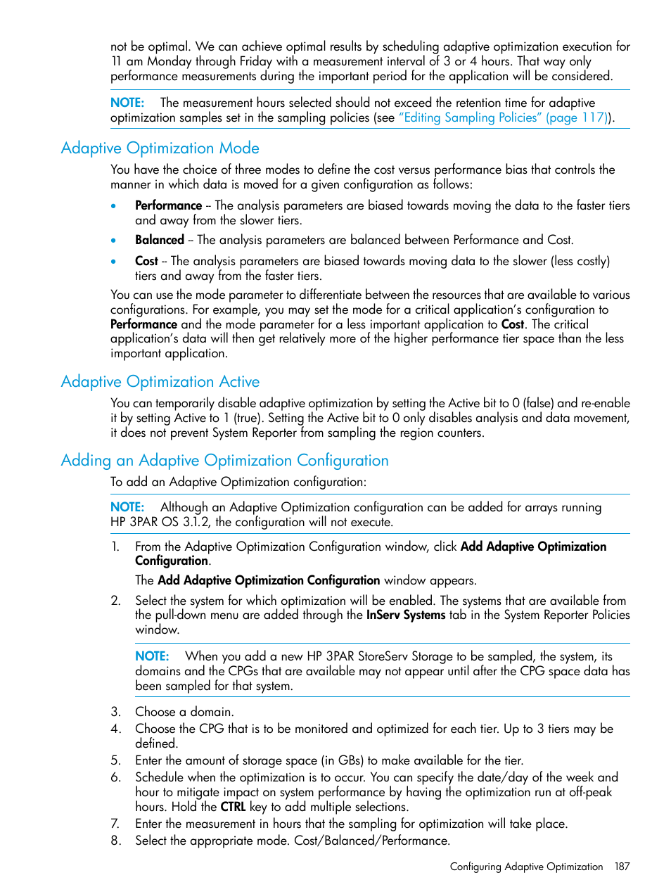 Adaptive optimization mode, Adaptive optimization active, Adding an adaptive optimization configuration | Adaptive optimization | HP 3PAR System Reporter Software User Manual | Page 187 / 237