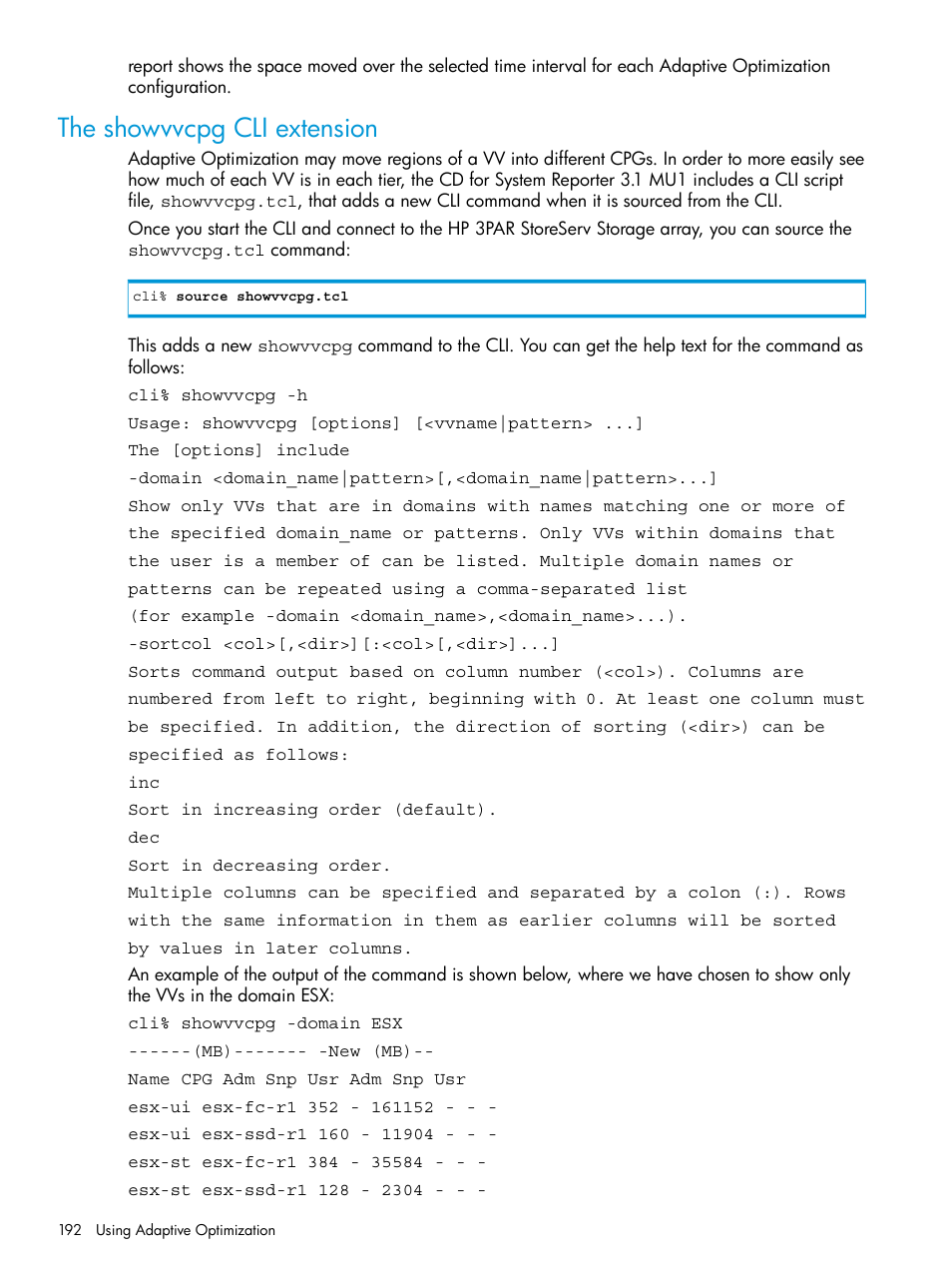 The showvvcpg cli extension | HP 3PAR System Reporter Software User Manual | Page 192 / 237