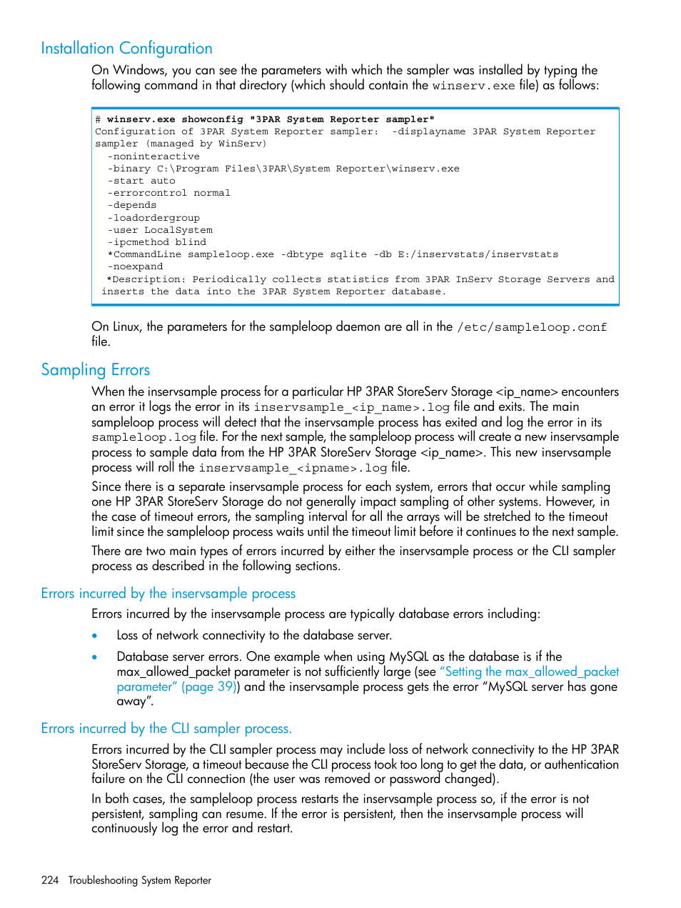 Installation configuration, Sampling errors, Errors incurred by the inservsample process | Errors incurred by the cli sampler process, Installation configuration sampling errors | HP 3PAR System Reporter Software User Manual | Page 224 / 237