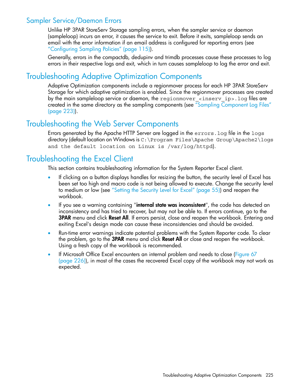 Sampler service/daemon errors, Troubleshooting adaptive optimization components, Troubleshooting the web server components | Troubleshooting the excel client, Troubleshooting | HP 3PAR System Reporter Software User Manual | Page 225 / 237