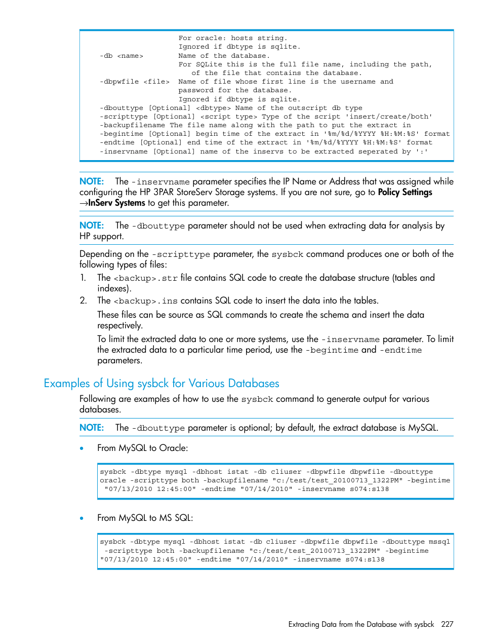 Examples of using sysbck for various databases | HP 3PAR System Reporter Software User Manual | Page 227 / 237