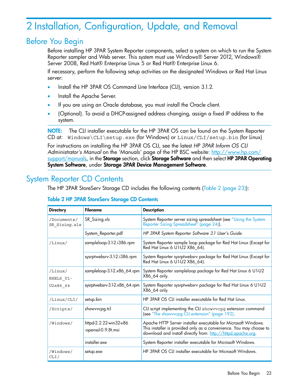 2 installation, configuration, update, and removal, Before you begin, System reporter cd contents | Before you begin system reporter cd contents | HP 3PAR System Reporter Software User Manual | Page 23 / 237