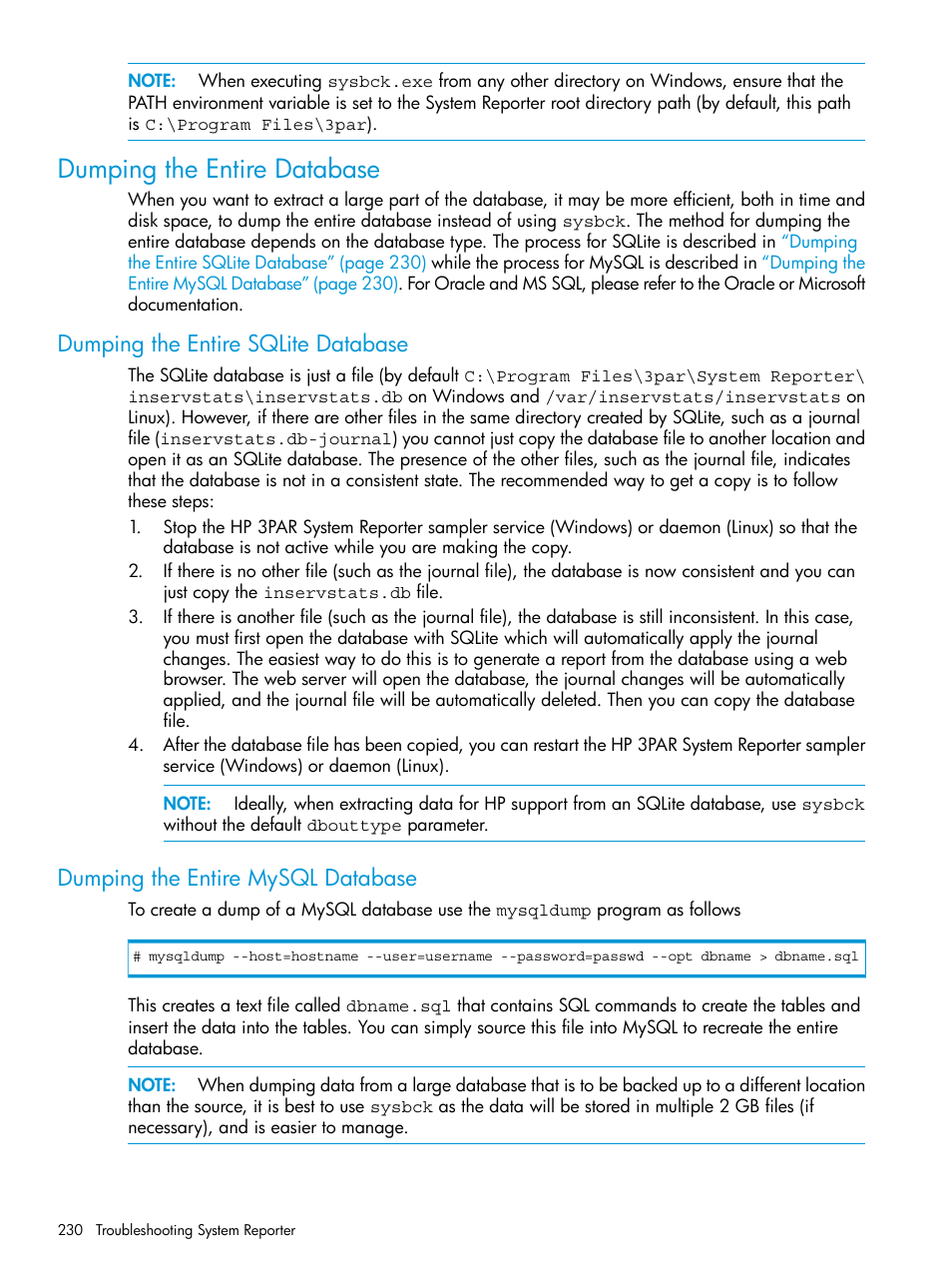 Dumping the entire database, Dumping the entire sqlite database, Dumping the entire mysql database | HP 3PAR System Reporter Software User Manual | Page 230 / 237