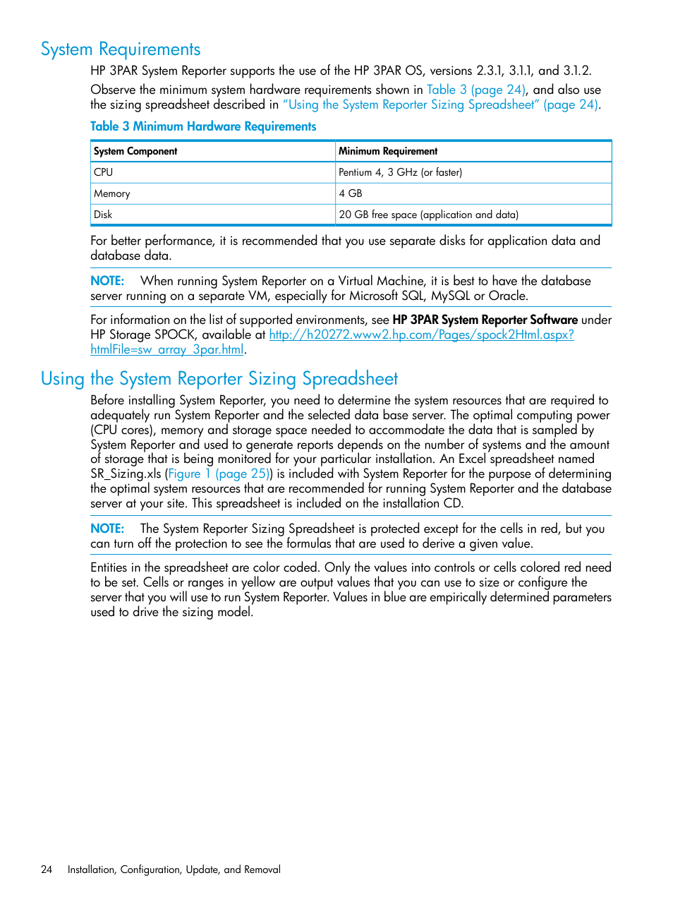 System requirements, Using the system reporter sizing spreadsheet, Using the system | HP 3PAR System Reporter Software User Manual | Page 24 / 237