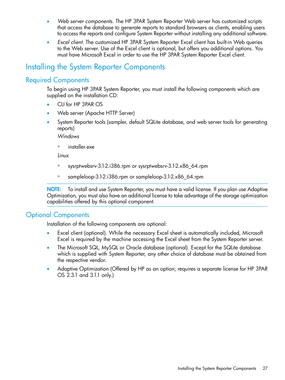 Installing the system reporter components, Required components, Optional components | Required components optional components | HP 3PAR System Reporter Software User Manual | Page 27 / 237