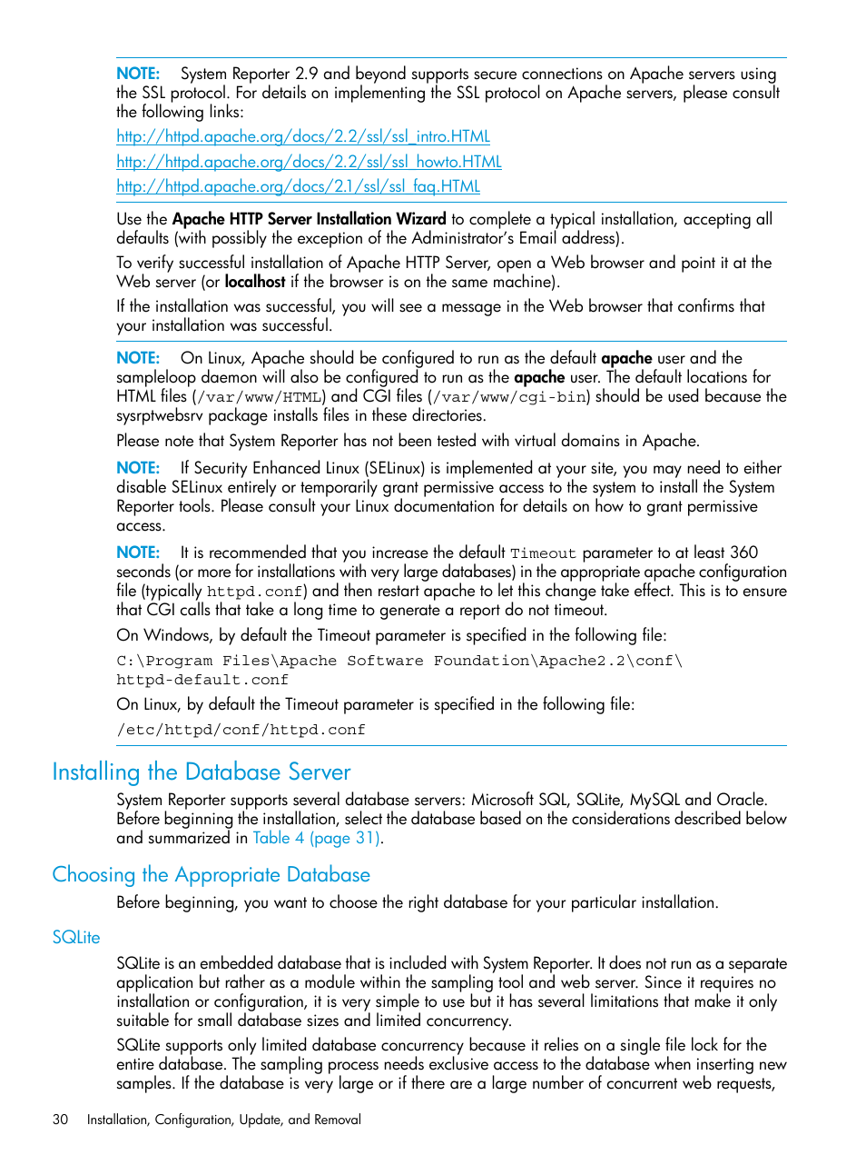 Installing the database server, Choosing the appropriate database, Sqlite | HP 3PAR System Reporter Software User Manual | Page 30 / 237