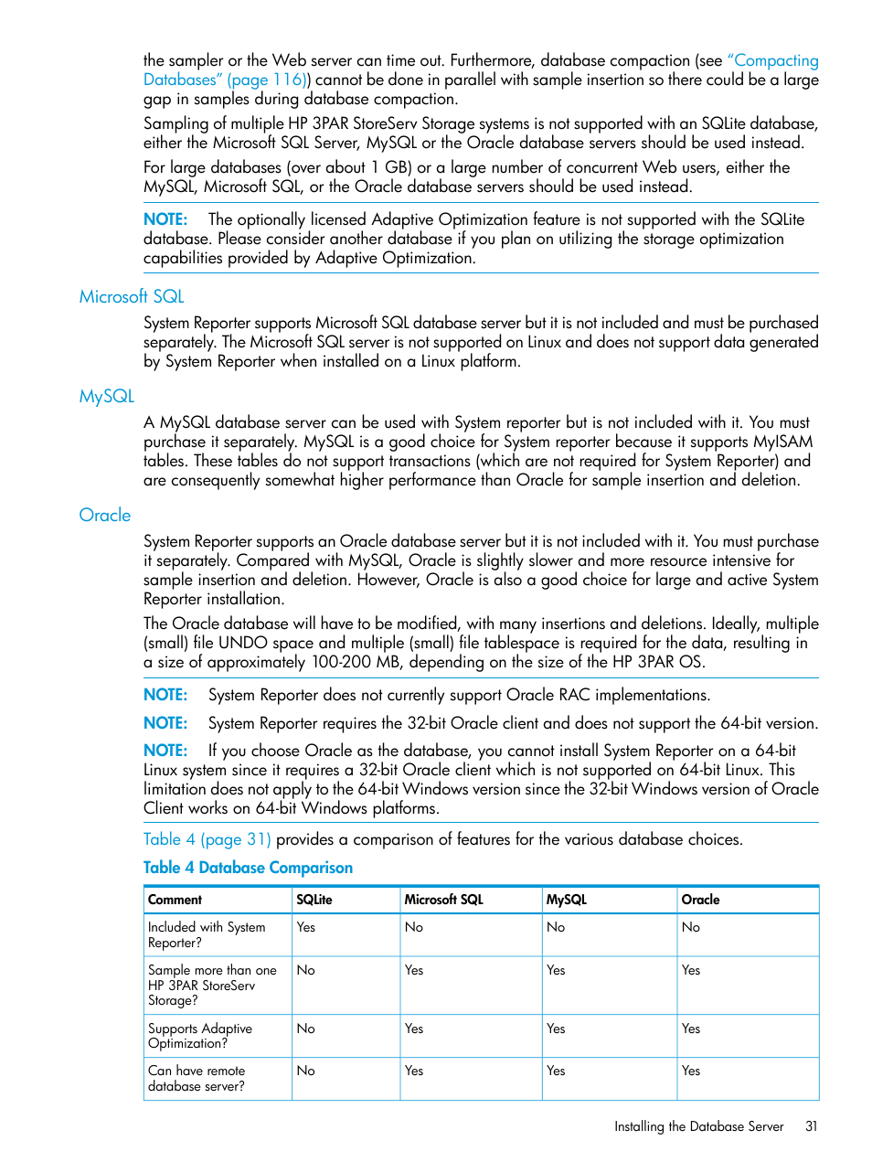 Microsoft sql, Mysql, Oracle | Microsoft sql mysql oracle | HP 3PAR System Reporter Software User Manual | Page 31 / 237