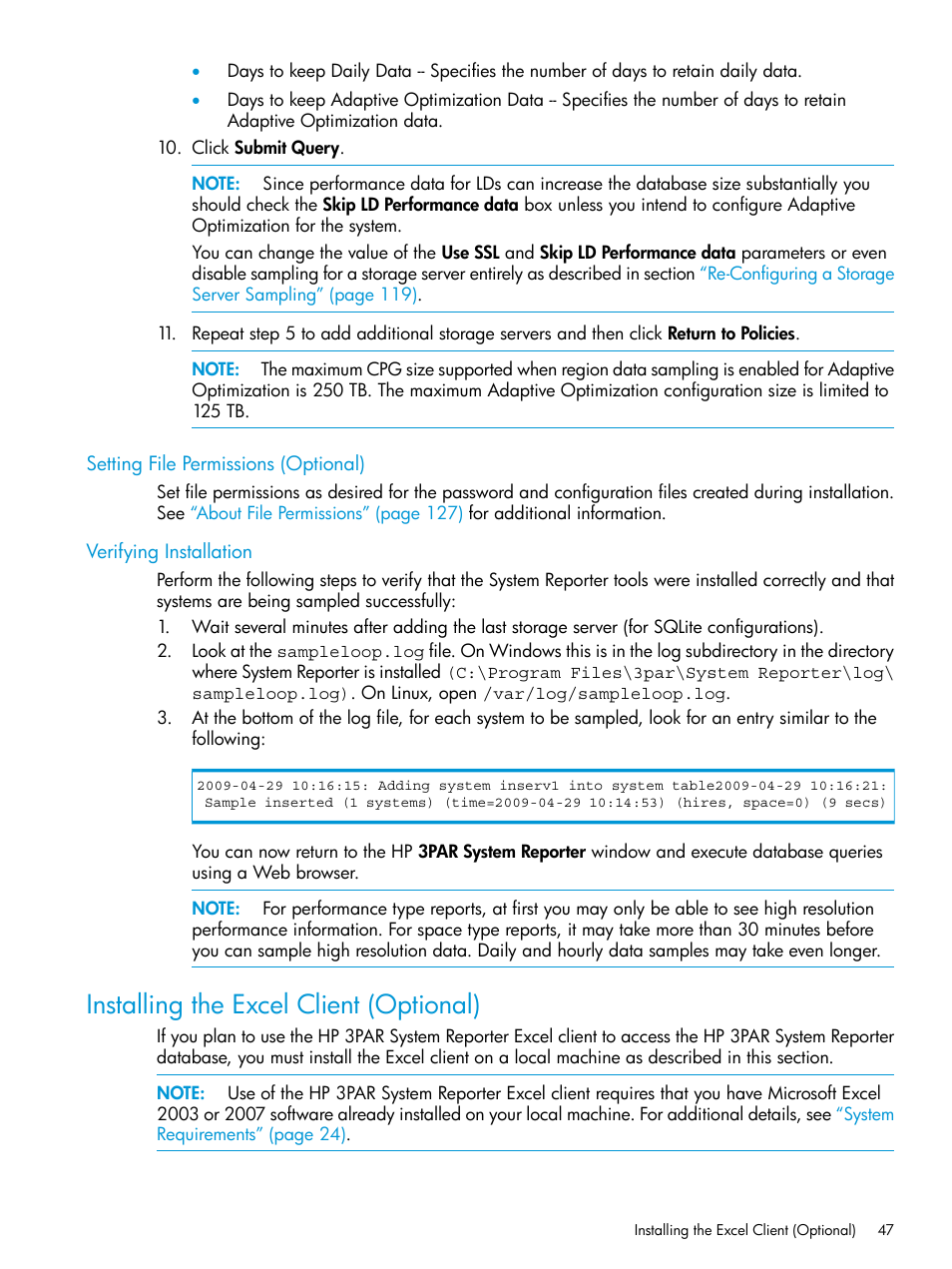 Setting file permissions (optional), Verifying installation, Installing the excel client (optional) | Setting file | HP 3PAR System Reporter Software User Manual | Page 47 / 237