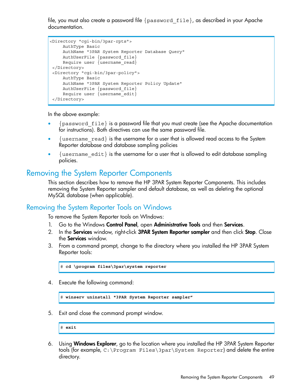Removing the system reporter components, Removing the system reporter tools on windows | HP 3PAR System Reporter Software User Manual | Page 49 / 237