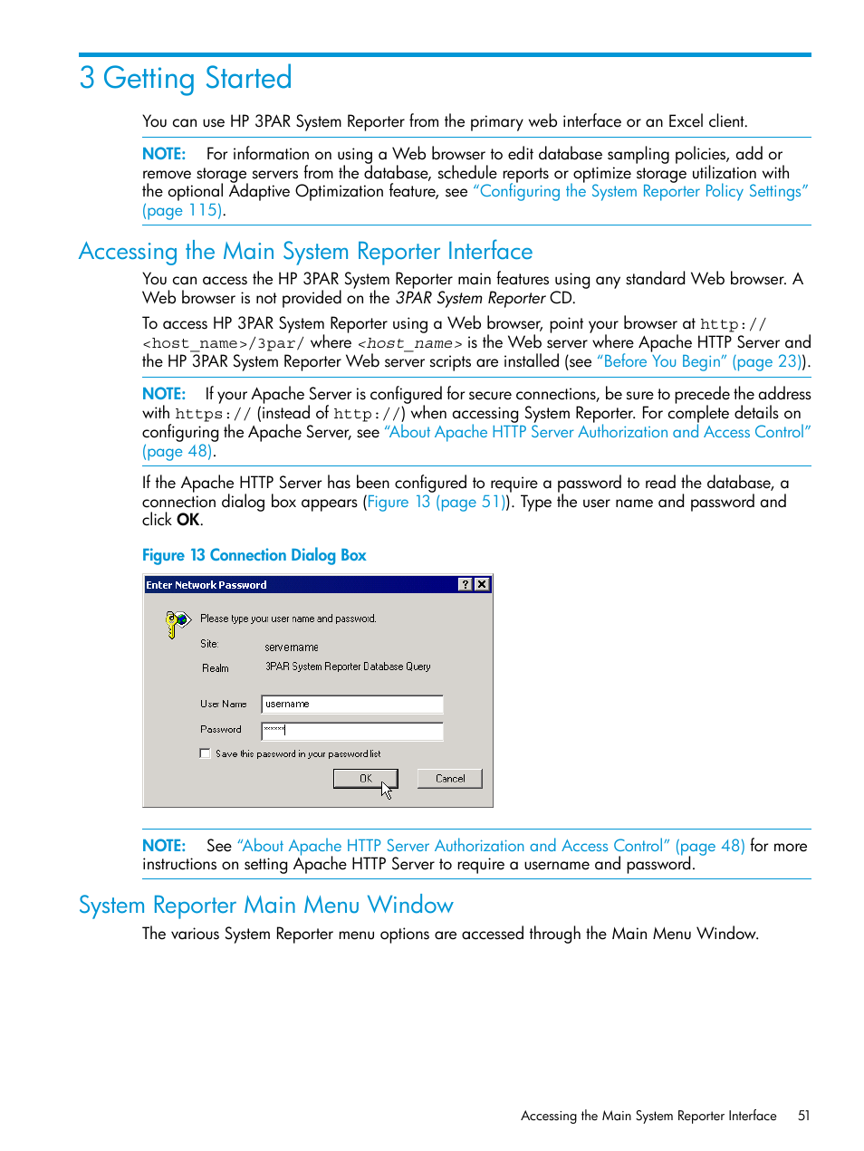 3 getting started, Accessing the main system reporter interface, System reporter main menu window | HP 3PAR System Reporter Software User Manual | Page 51 / 237