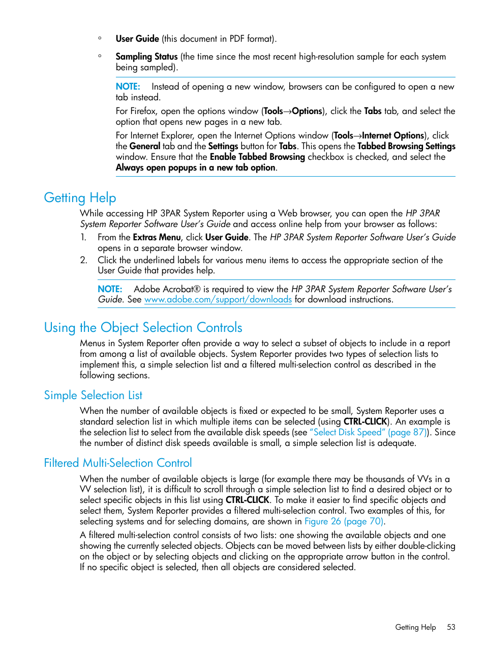 Getting help, Using the object selection controls, Simple selection list | Filtered multi-selection control, Getting help using the object selection controls | HP 3PAR System Reporter Software User Manual | Page 53 / 237