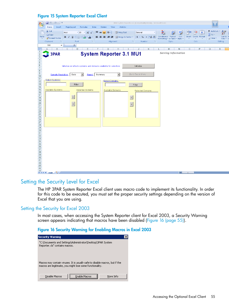 Setting the security level for excel, Setting the security for excel 2003, System reporter excel | HP 3PAR System Reporter Software User Manual | Page 55 / 237