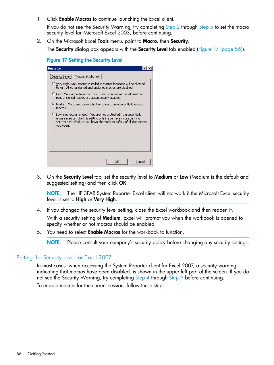 Setting the security level for excel 2007 | HP 3PAR System Reporter Software User Manual | Page 56 / 237