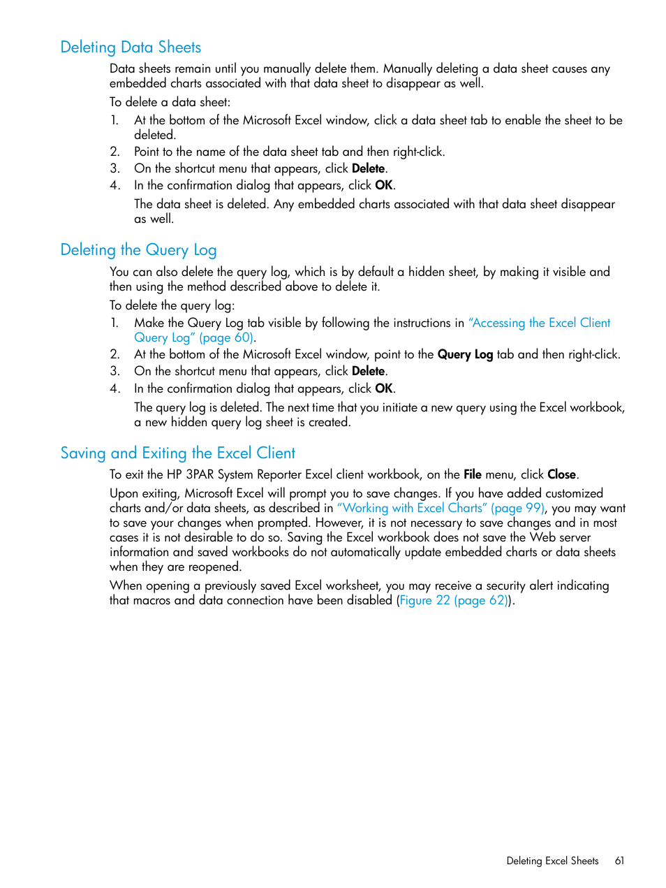 Deleting data sheets, Deleting the query log, Saving and exiting the excel client | HP 3PAR System Reporter Software User Manual | Page 61 / 237