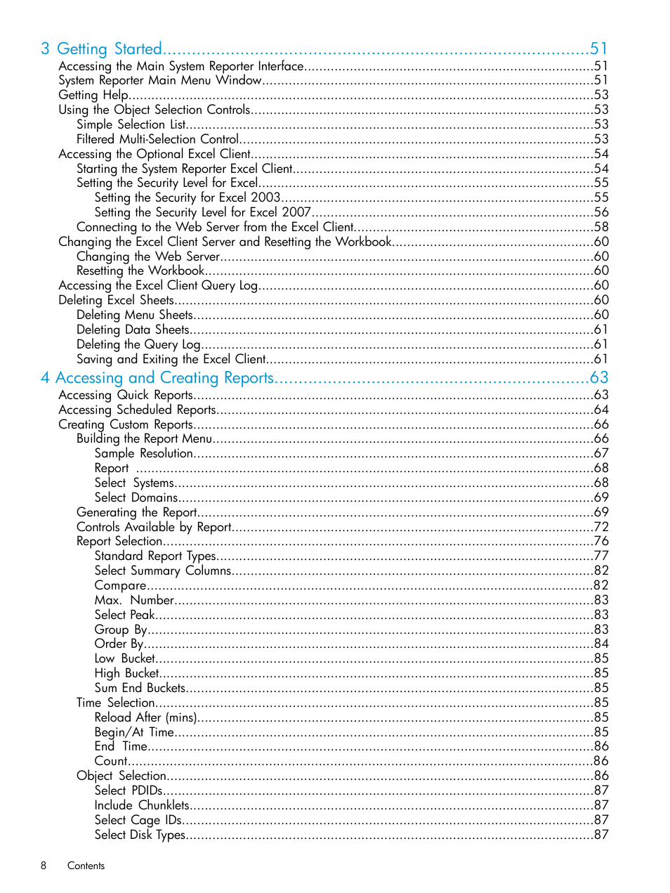 3 getting started, 4 accessing and creating reports | HP 3PAR System Reporter Software User Manual | Page 8 / 237