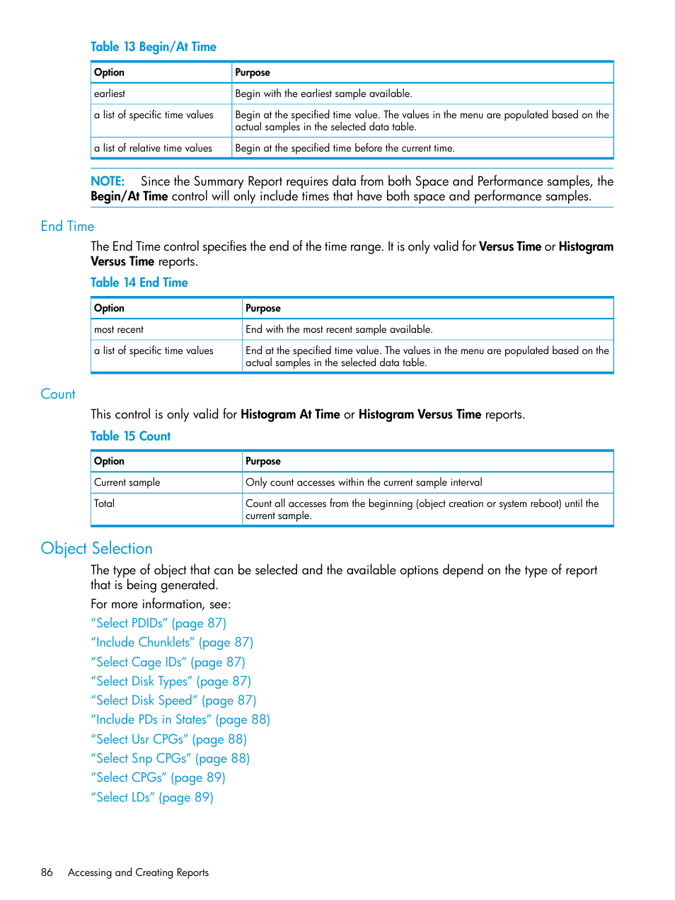 End time, Count, Object selection | End time count, Object | HP 3PAR System Reporter Software User Manual | Page 86 / 237
