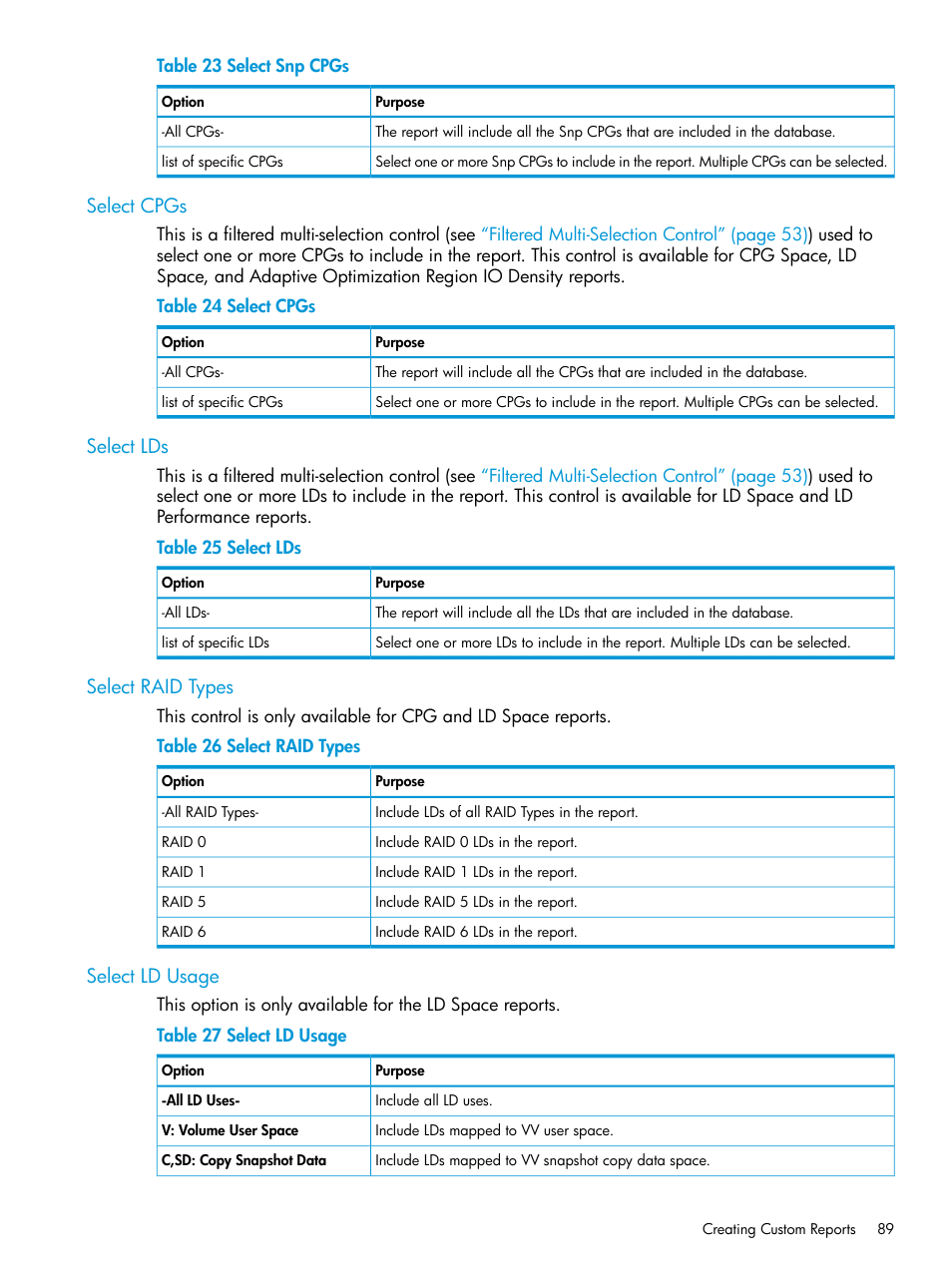 Select cpgs, Select lds, Select raid types | Select ld usage | HP 3PAR System Reporter Software User Manual | Page 89 / 237