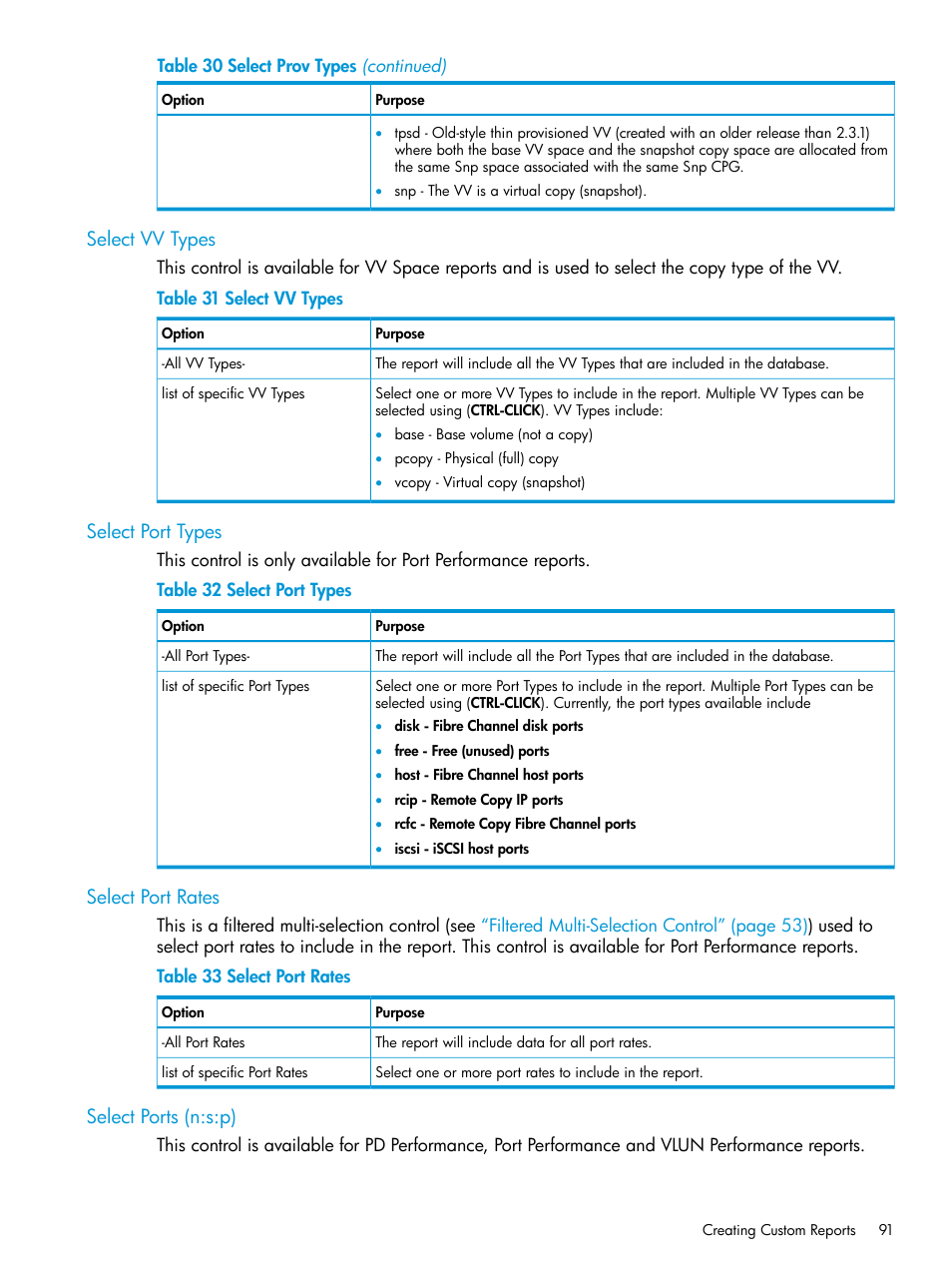 Select vv types, Select port types, Select port rates | Select ports (n:s:p) | HP 3PAR System Reporter Software User Manual | Page 91 / 237