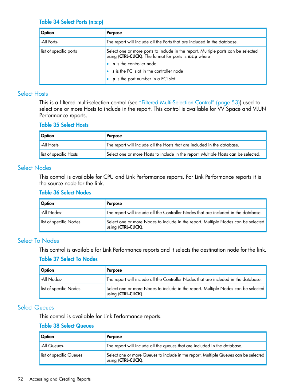 Select hosts, Select nodes, Select to nodes | Select queues | HP 3PAR System Reporter Software User Manual | Page 92 / 237