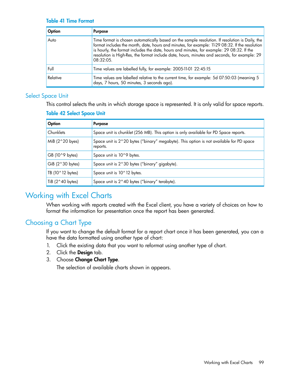 Select space unit, Working with excel charts, Choosing a chart type | HP 3PAR System Reporter Software User Manual | Page 99 / 237