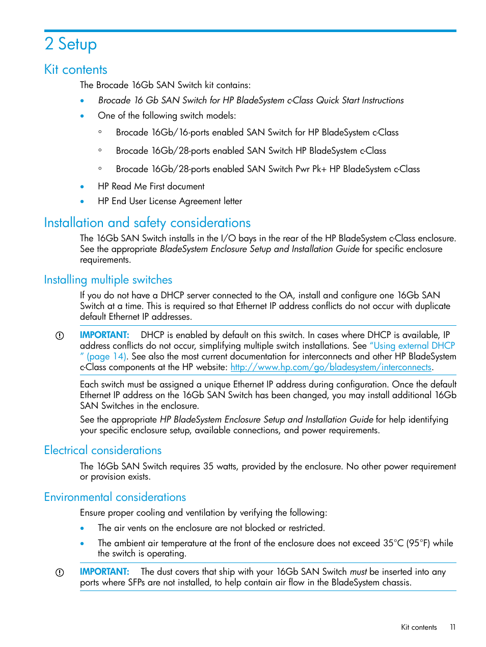 2 setup, Kit contents, Installation and safety considerations | Installing multiple switches, Electrical considerations, Environmental considerations | HP Brocade 16Gb SAN Switch for HP BladeSystem c-Class User Manual | Page 11 / 41