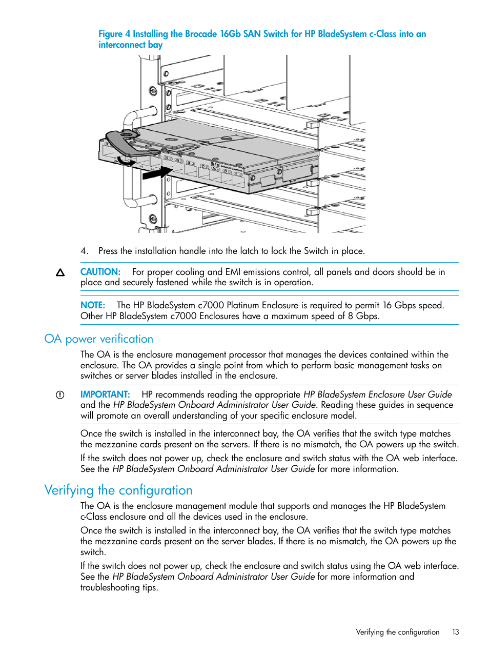 Oa power verification, Verifying the configuration | HP Brocade 16Gb SAN Switch for HP BladeSystem c-Class User Manual | Page 13 / 41