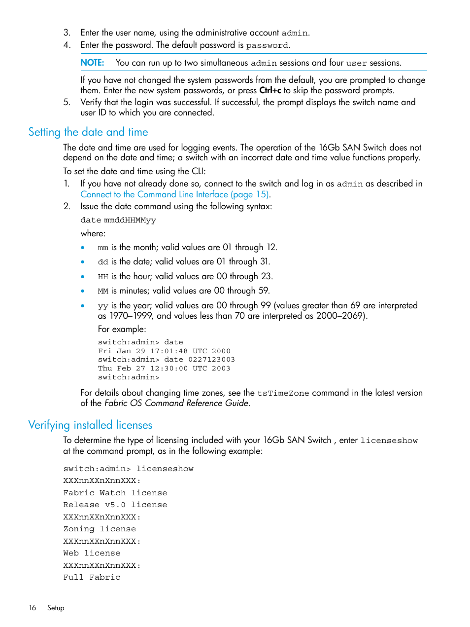 Setting the date and time, Verifying installed licenses | HP Brocade 16Gb SAN Switch for HP BladeSystem c-Class User Manual | Page 16 / 41