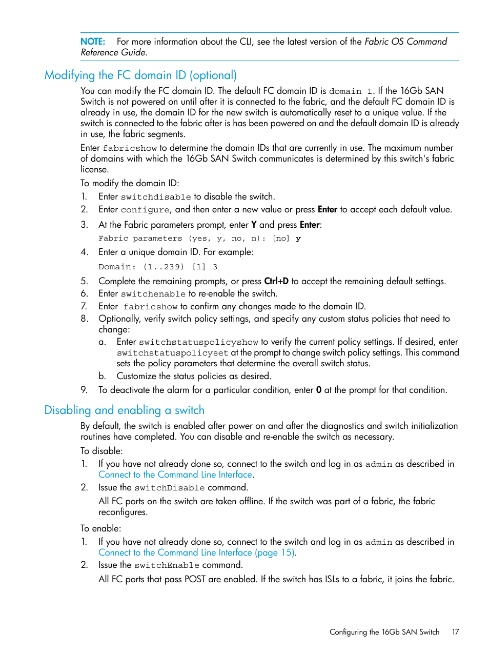 Modifying the fc domain id (optional), Disabling and enabling a switch | HP Brocade 16Gb SAN Switch for HP BladeSystem c-Class User Manual | Page 17 / 41